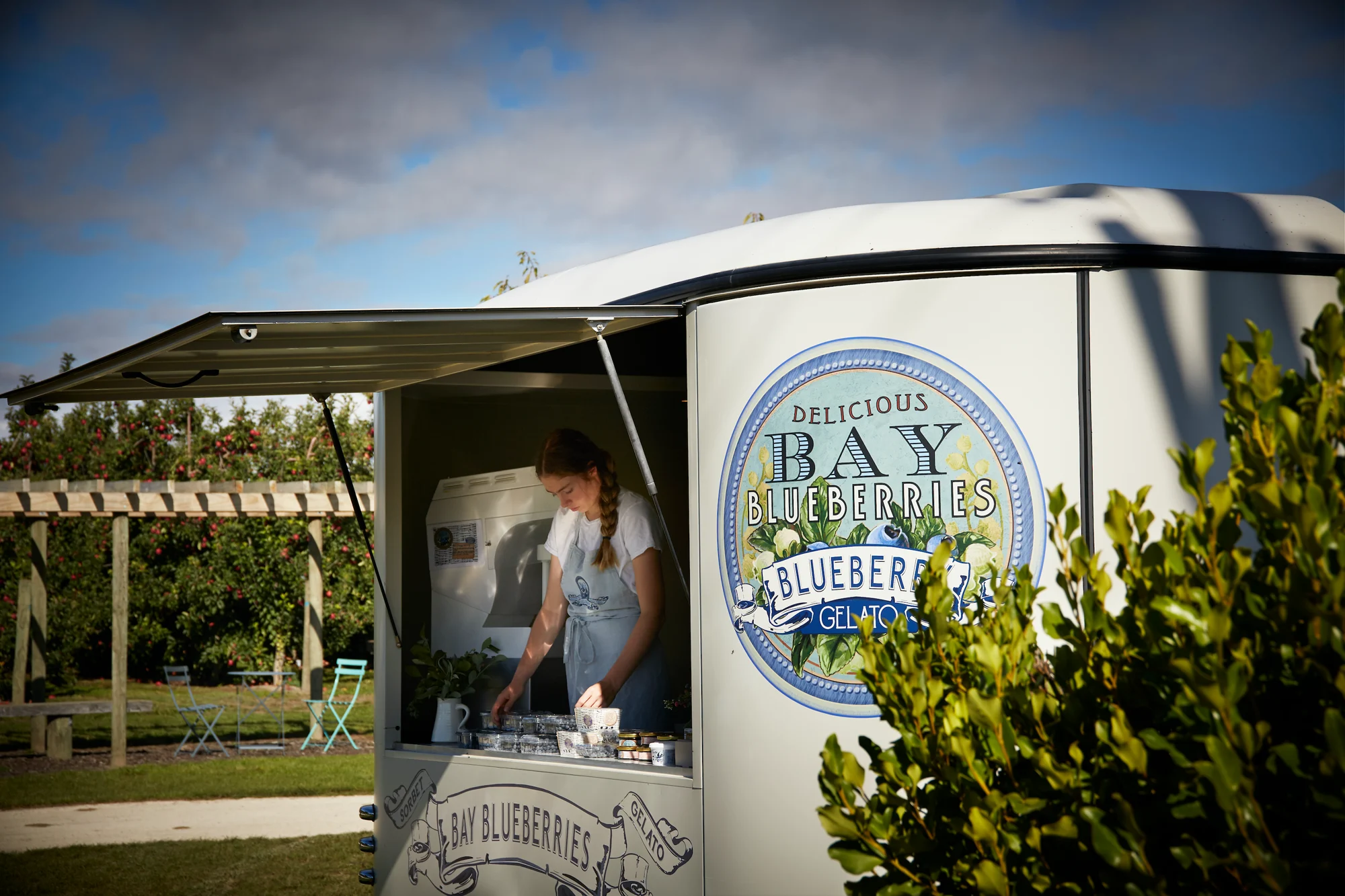 A Bay Blueberries cart in a Hawke's Bay orchard